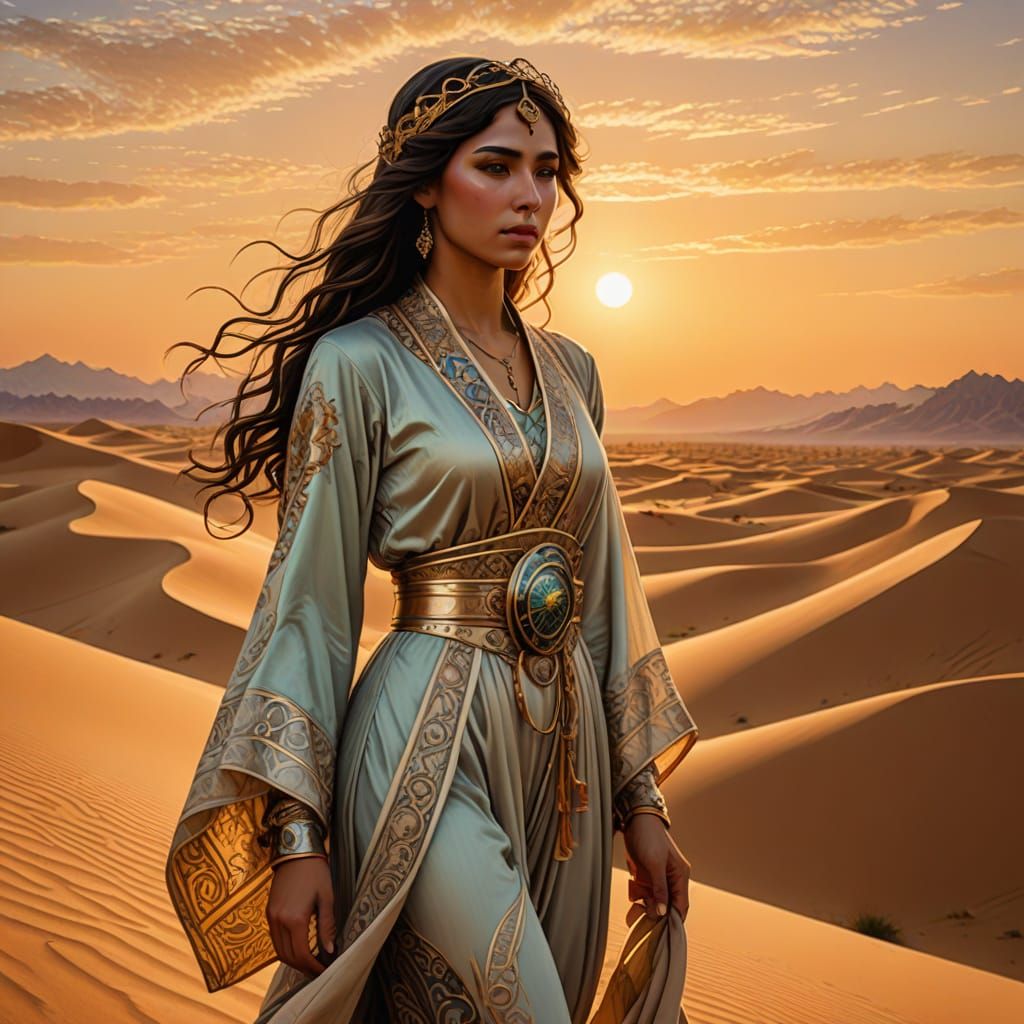 Arabic Woman in Desert Sunset Landscape