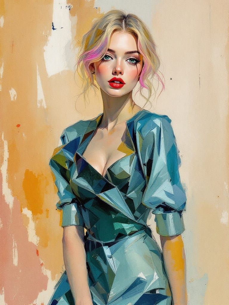 Blond Pin-Up Woman in Cyan Dress, Impressionist Sumi-e Style