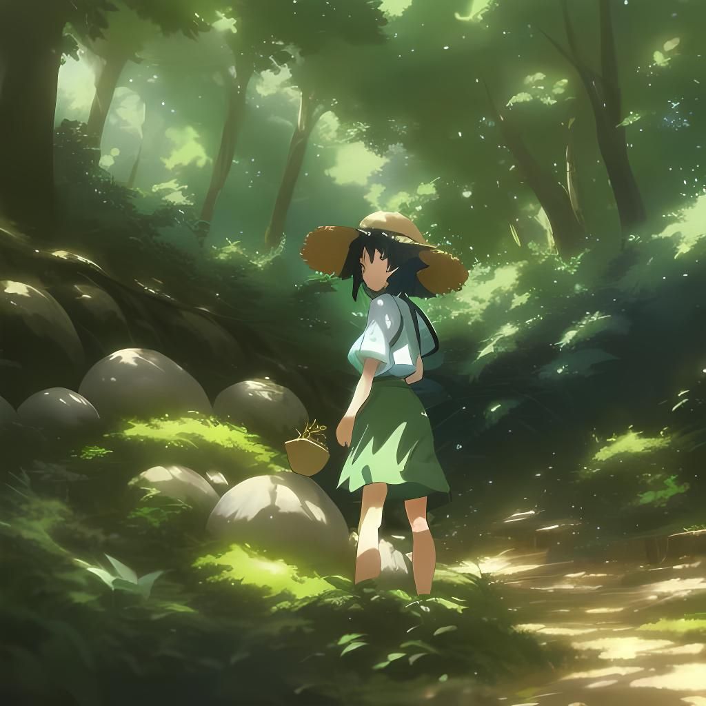Ghibli Style Girl Picking Up a Gem in Forest