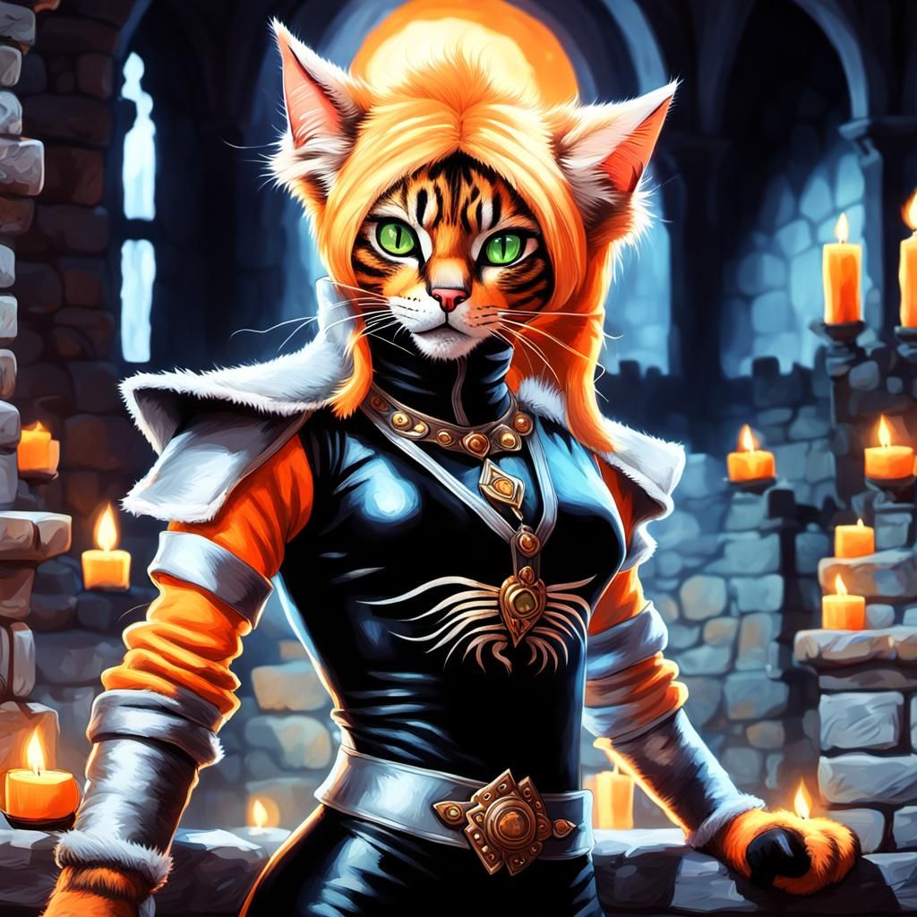 Khajiit Woman in 70s Outfit at Castle