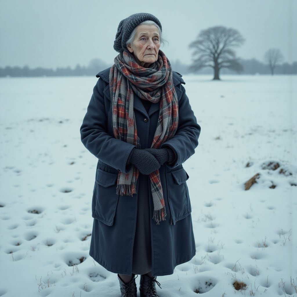Elderly Woman in Snowy Landscape, Hyperrealistic Masterpiece