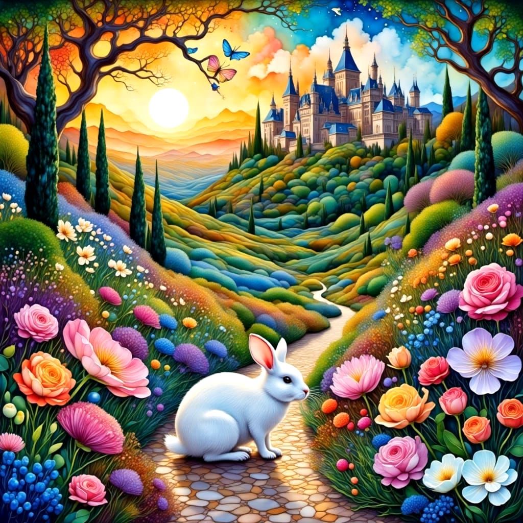 Romantic Cypress Tree Landscape with Whimsical Creatures