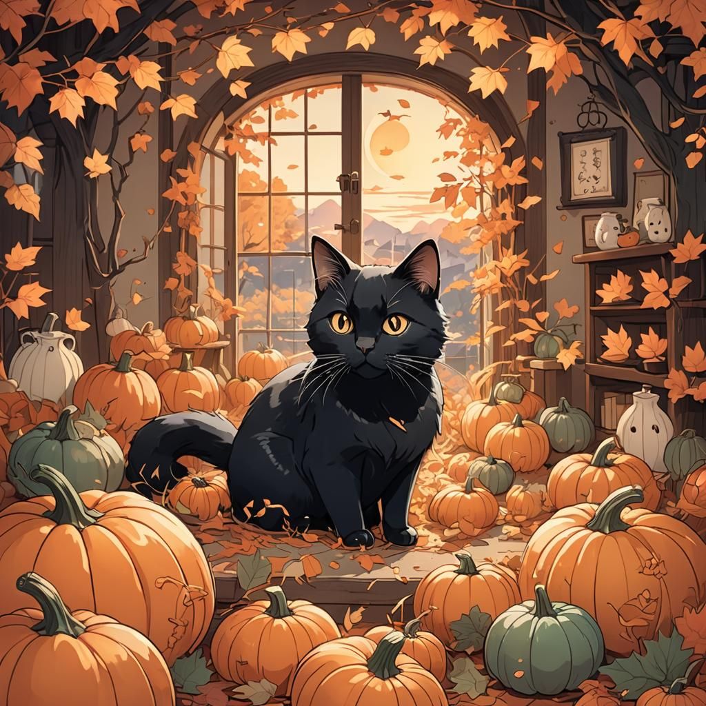 Kawaii Anime Black Cat and Pumpkin Illustration