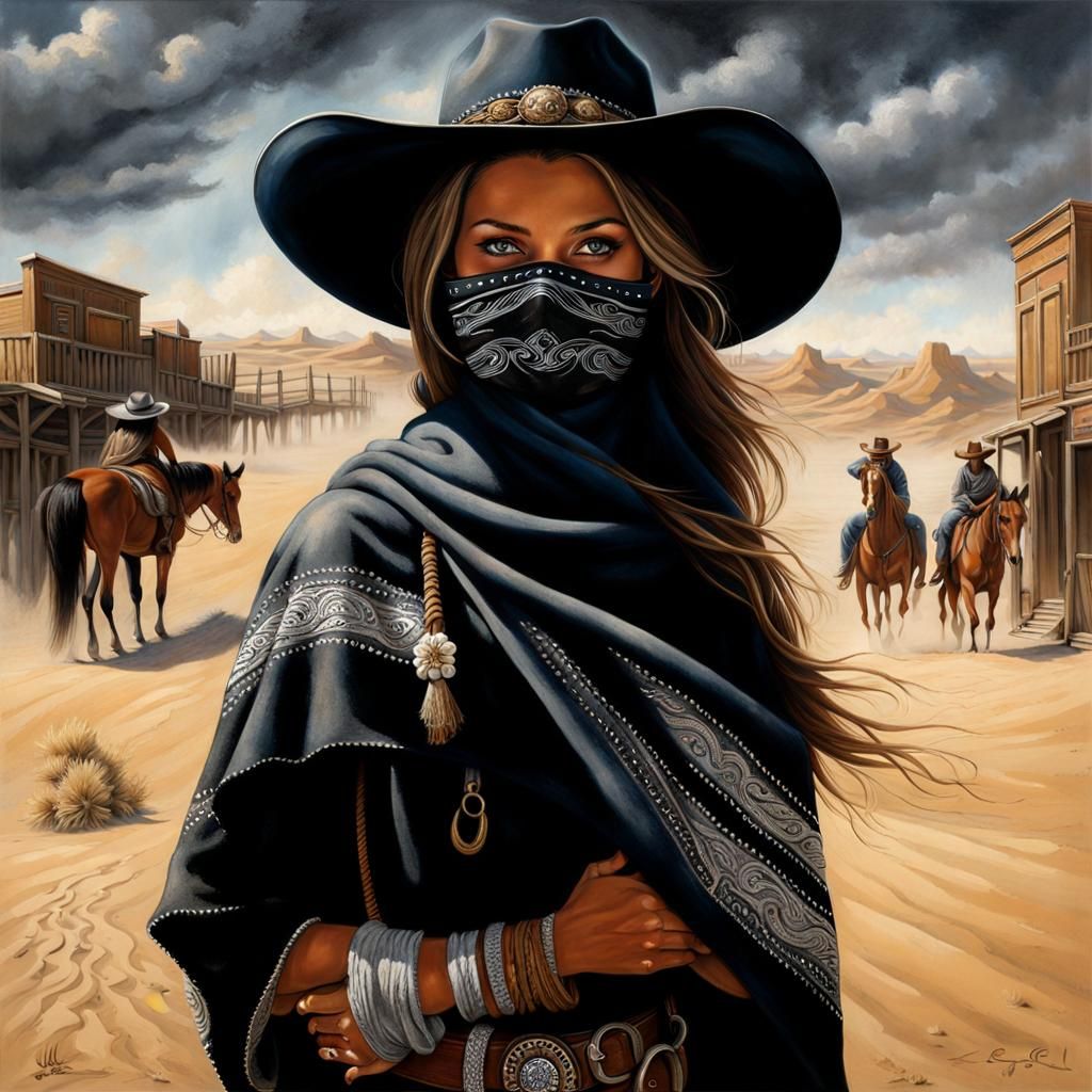 Mysterious Cowgirl in Western Town by Lee Bogle