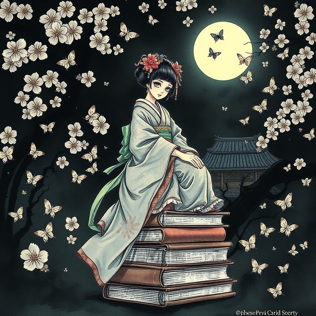 Geisha with Emerald Eyes in Moonlit Garden