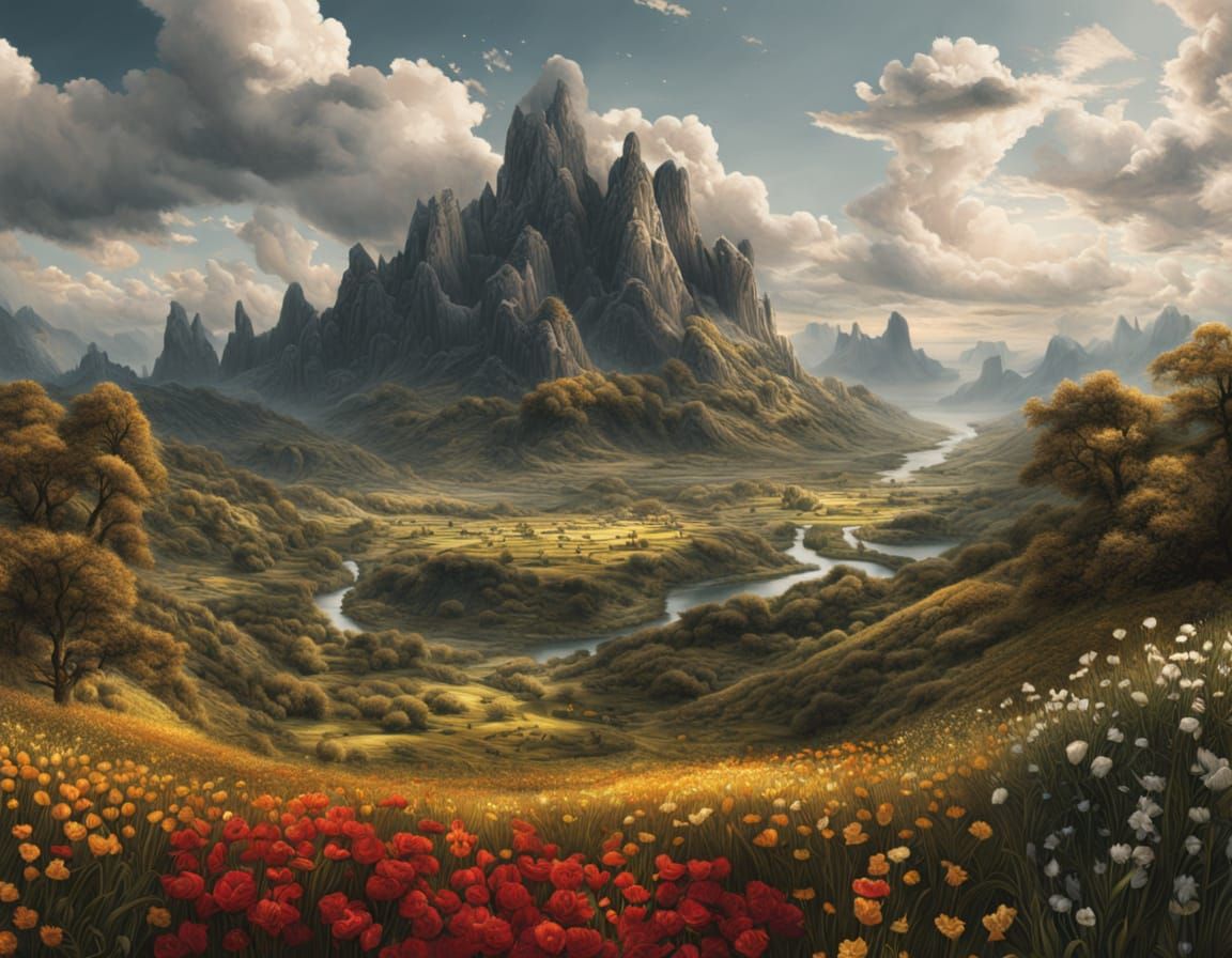 Hyperrealistic Embroidered Field: Digital Matte Painting
