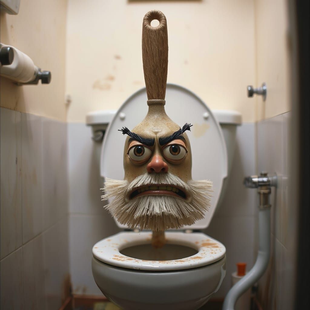 Disgusted Toilet Brush with Face in Pixar Style