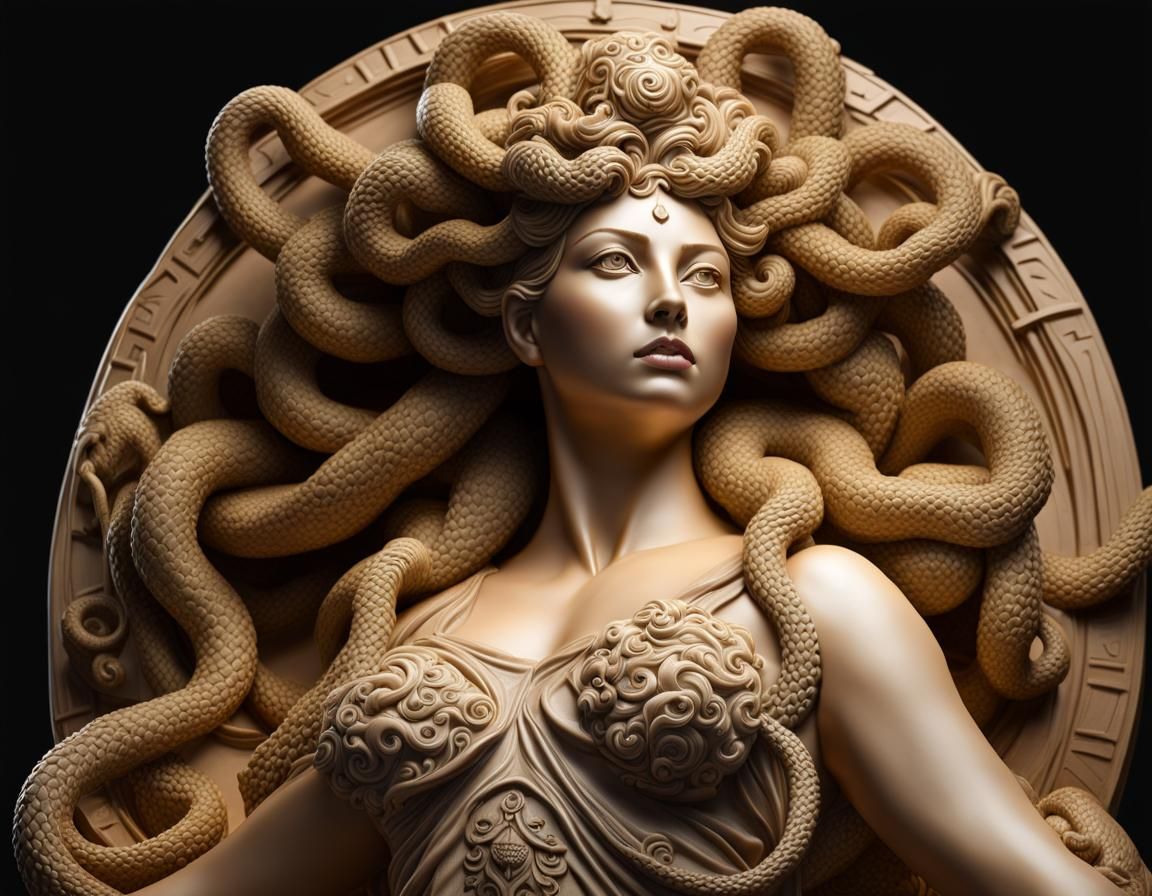 Medusa Goddess Statue in Epic Battle, Glazed Clay