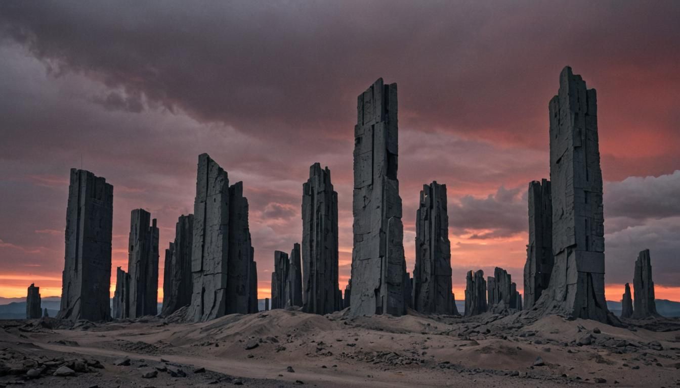 Brutalist Basalt Towers in Oppressive Red Sky