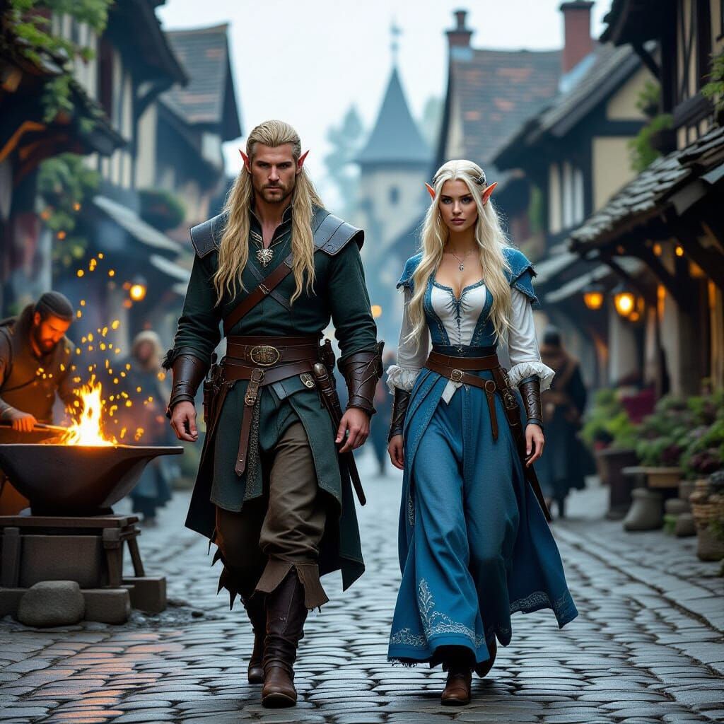 Elves Ride Through Medieval Village with Blacksmith