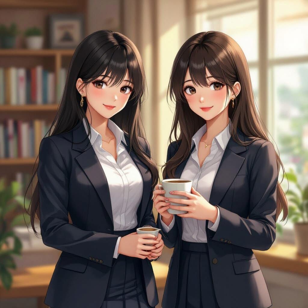 Anime Style Image of Two Young Women Indoors
