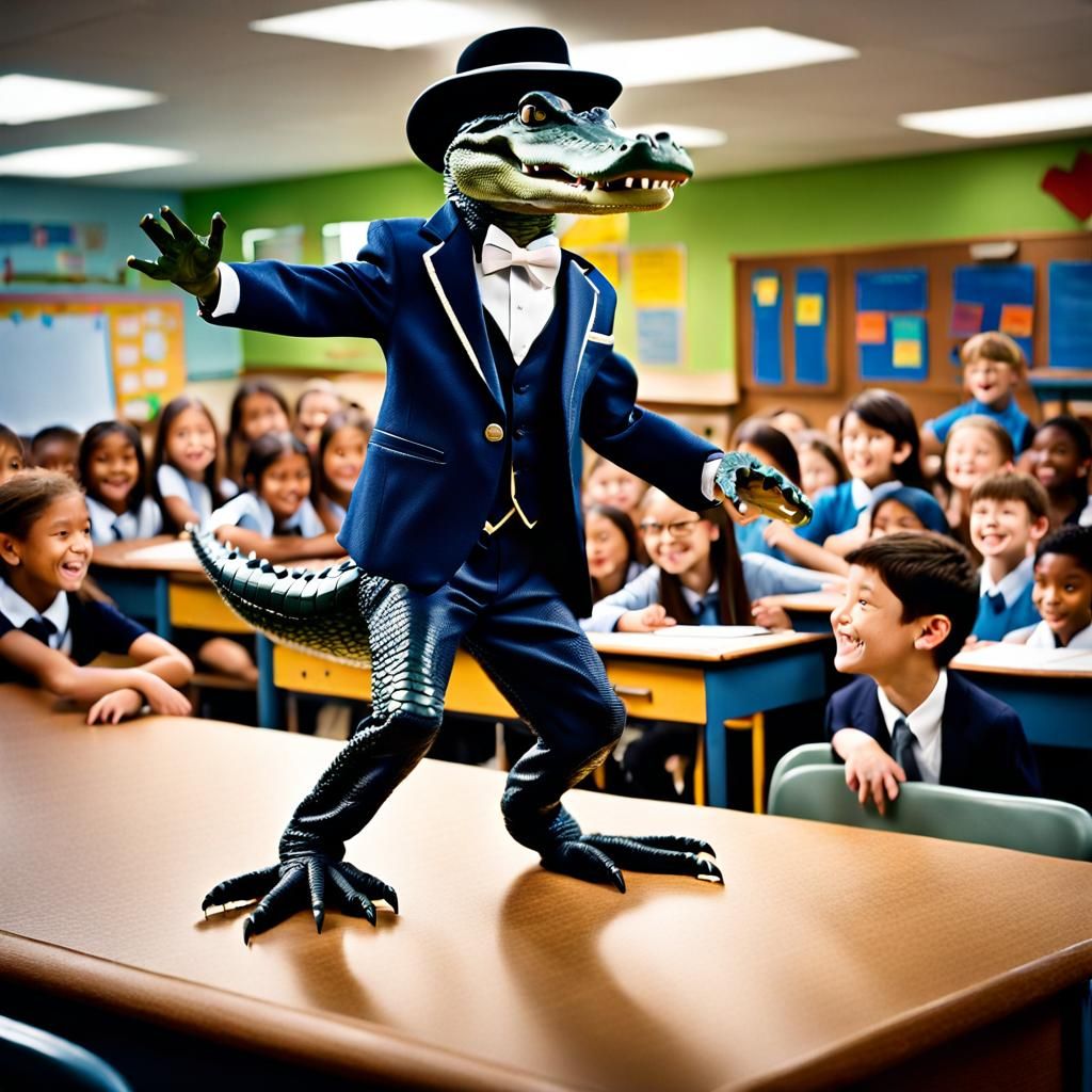 Alligator Dances in Tuxedo: Photorealistic School Scene