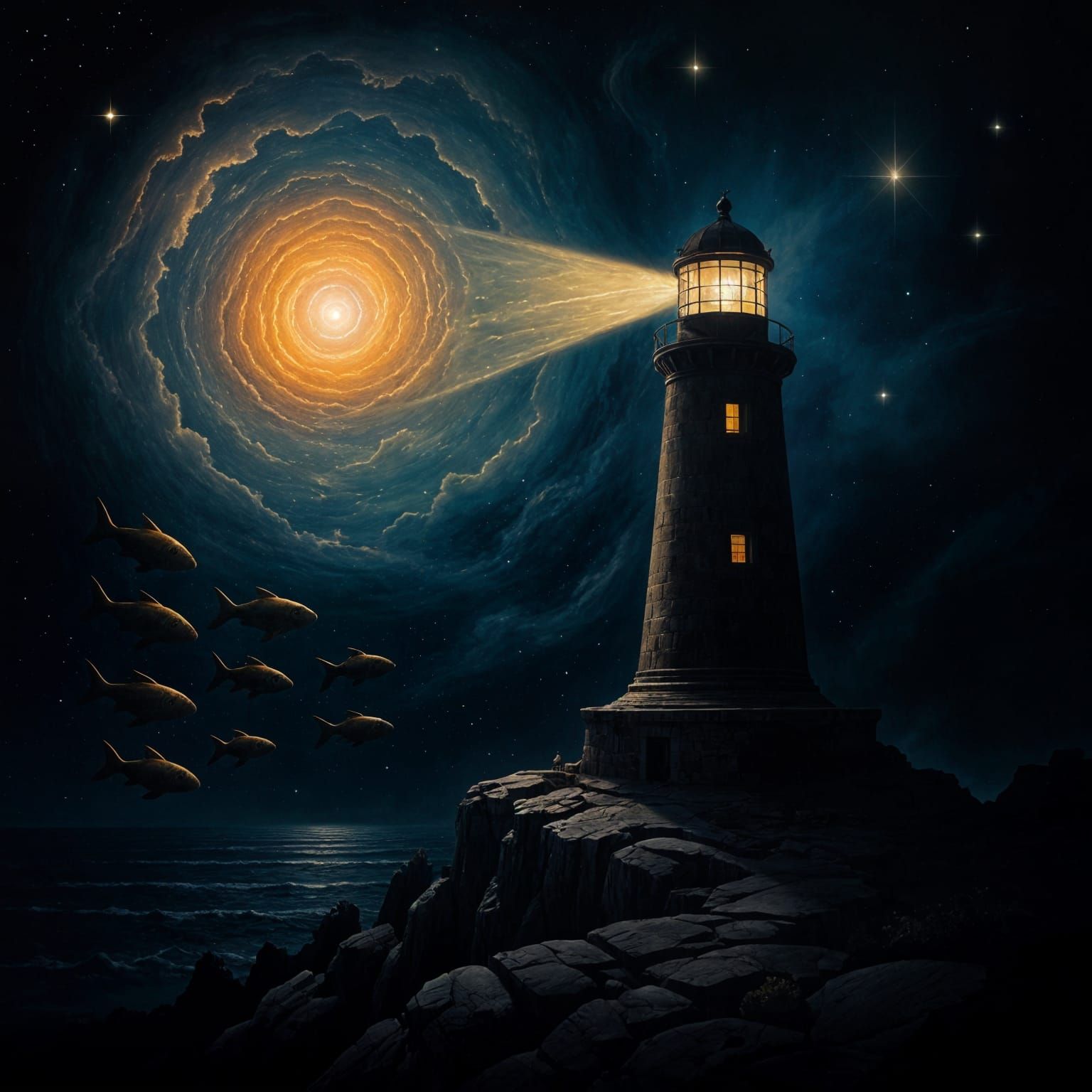 Cosmic Lighthouse Amidst Nebula and Bioluminescent Fish