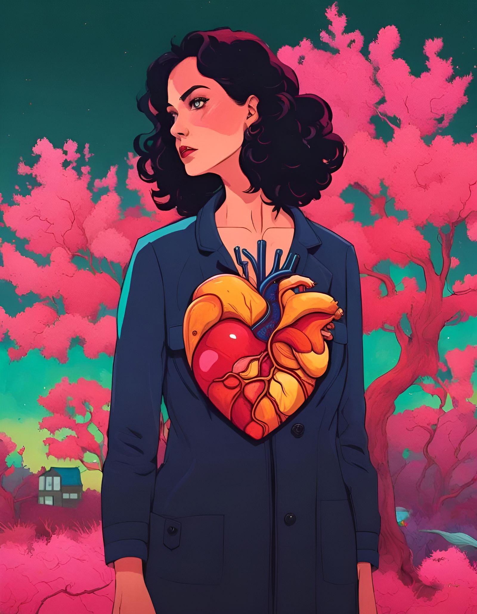 Surreal Anatomical Heart with Mother and Tree