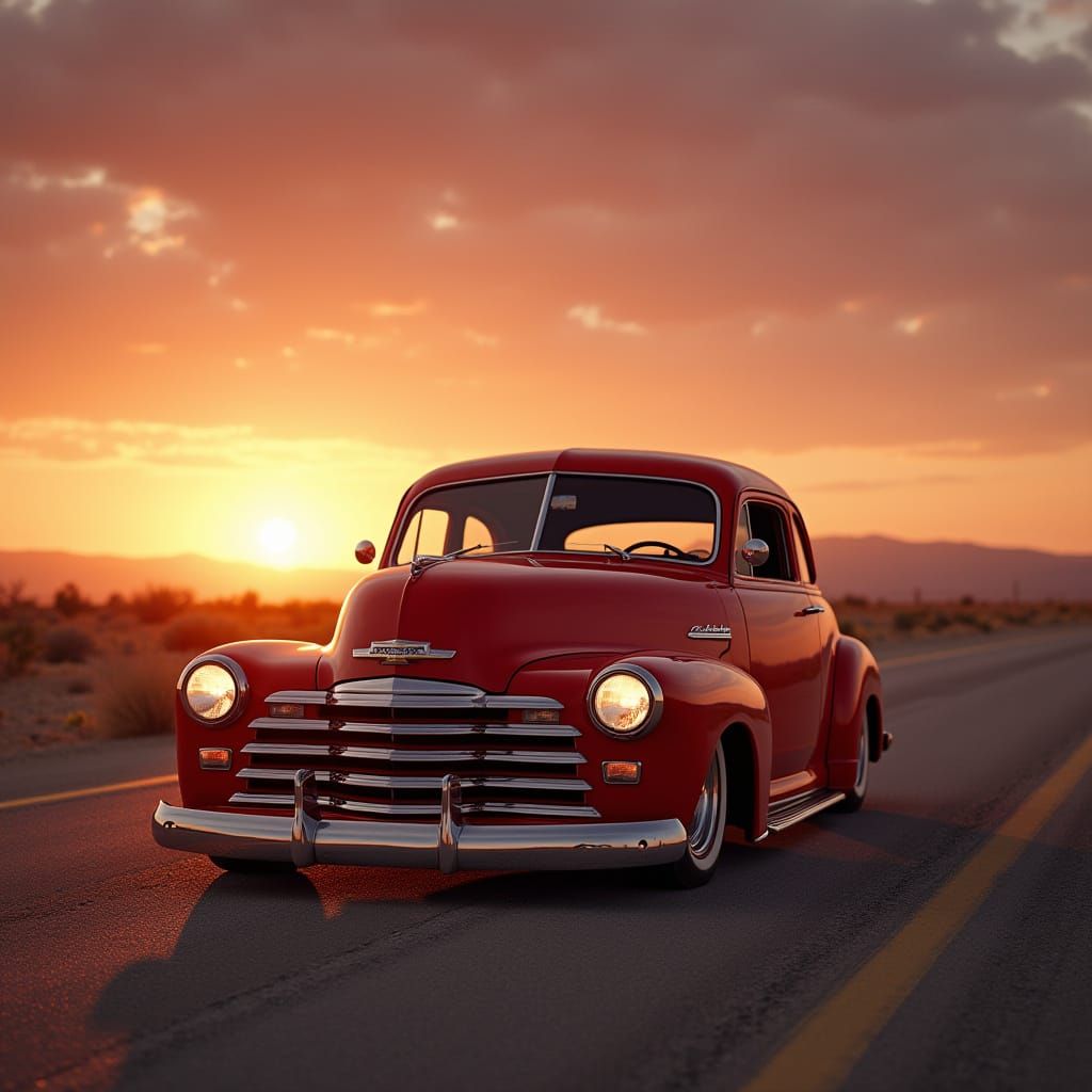 1948 Chevrolet Fleetmaster Coupe on Desert Highway at Dusk