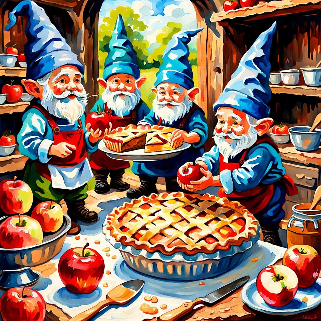 Gnomes Baking Apple Pie in Gouache Style