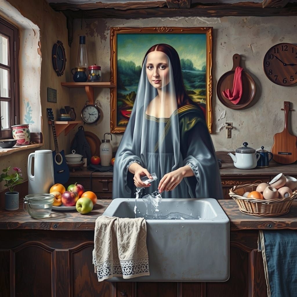 Mona Lisa Ghost Washes Dishes in Ethereal Style