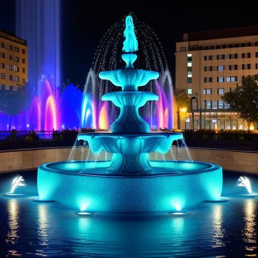Illuminated Water Sculpture Fountain in Urban Nightscape