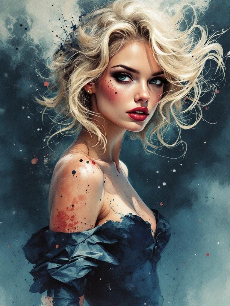 1950s Pin-Up in Whiskey-Splatter Watercolor Style