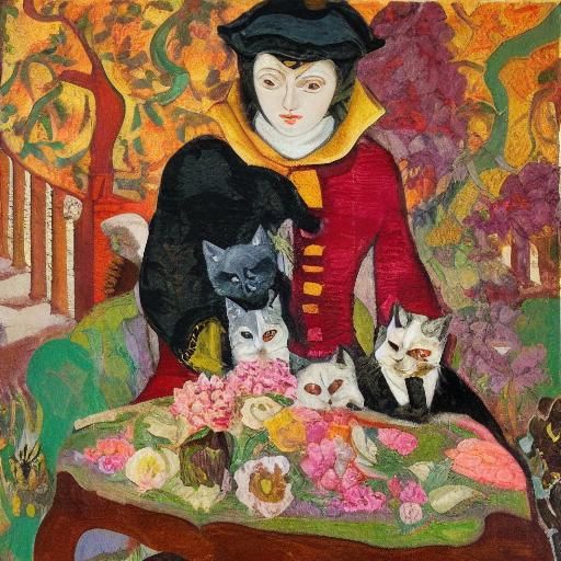 Feline-Loving Vampire in Fauvist Rococo Chamber