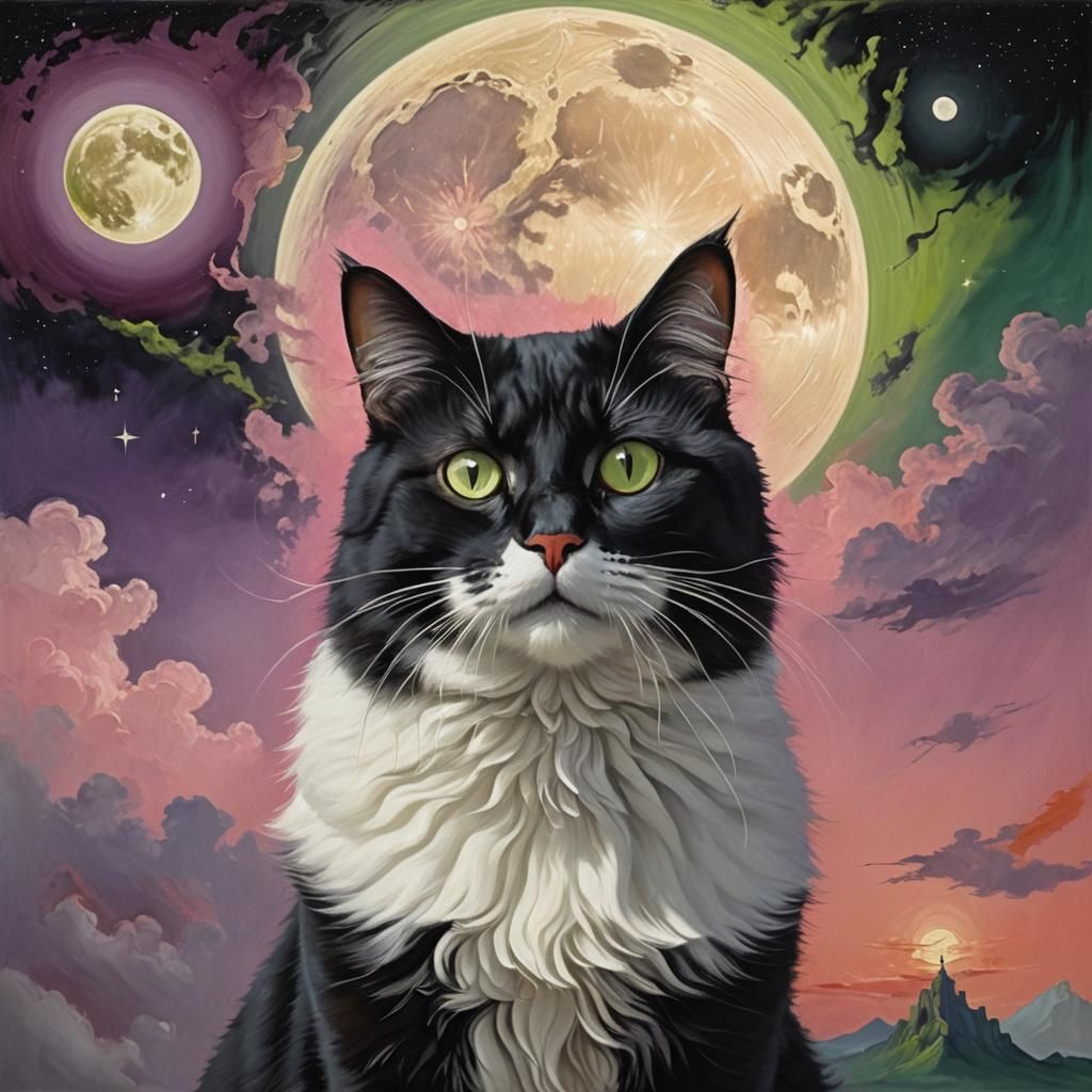 Elegant Black and White Cat in Surrealist Style