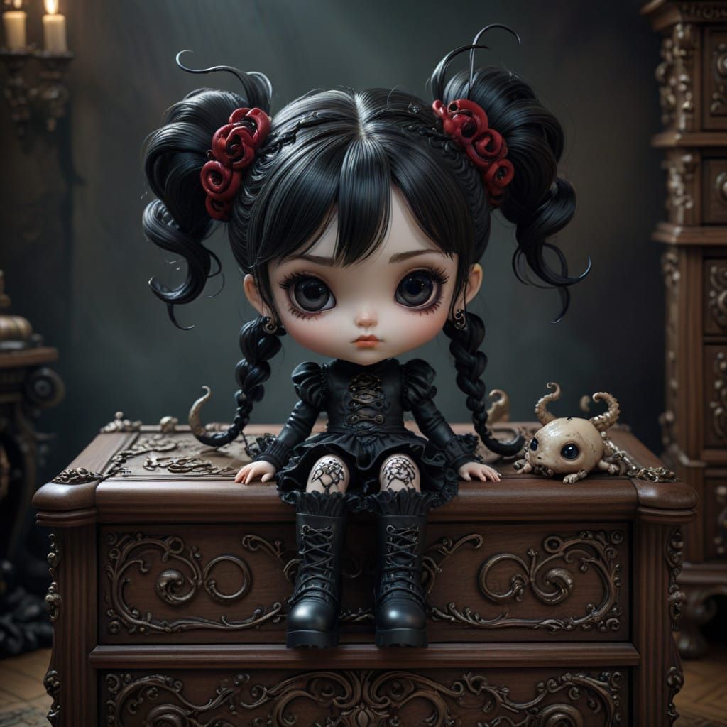 Mysterious Chibi Doll on Elegant Gothic Chest