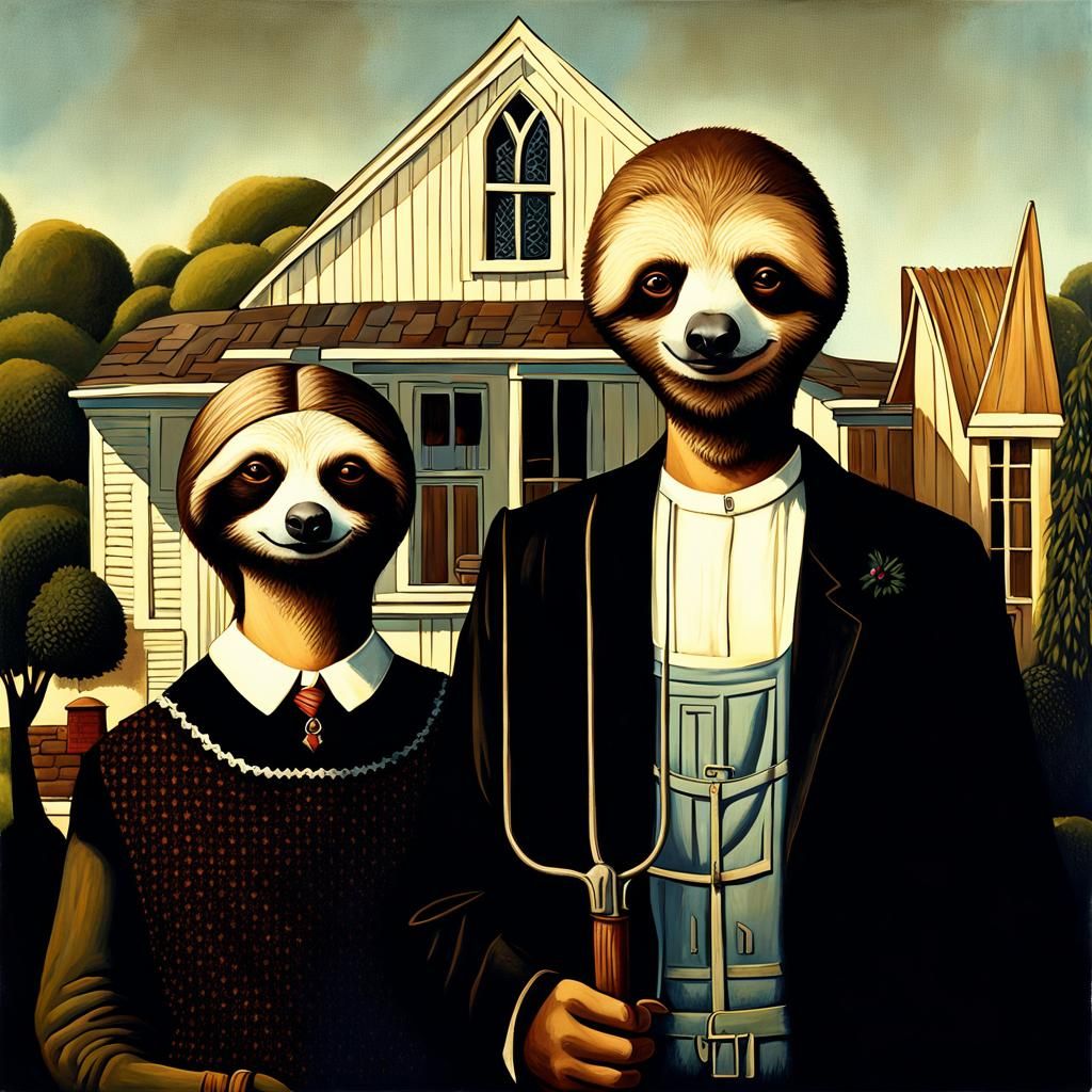 Sinister Sloth Couple in American Gothic Style