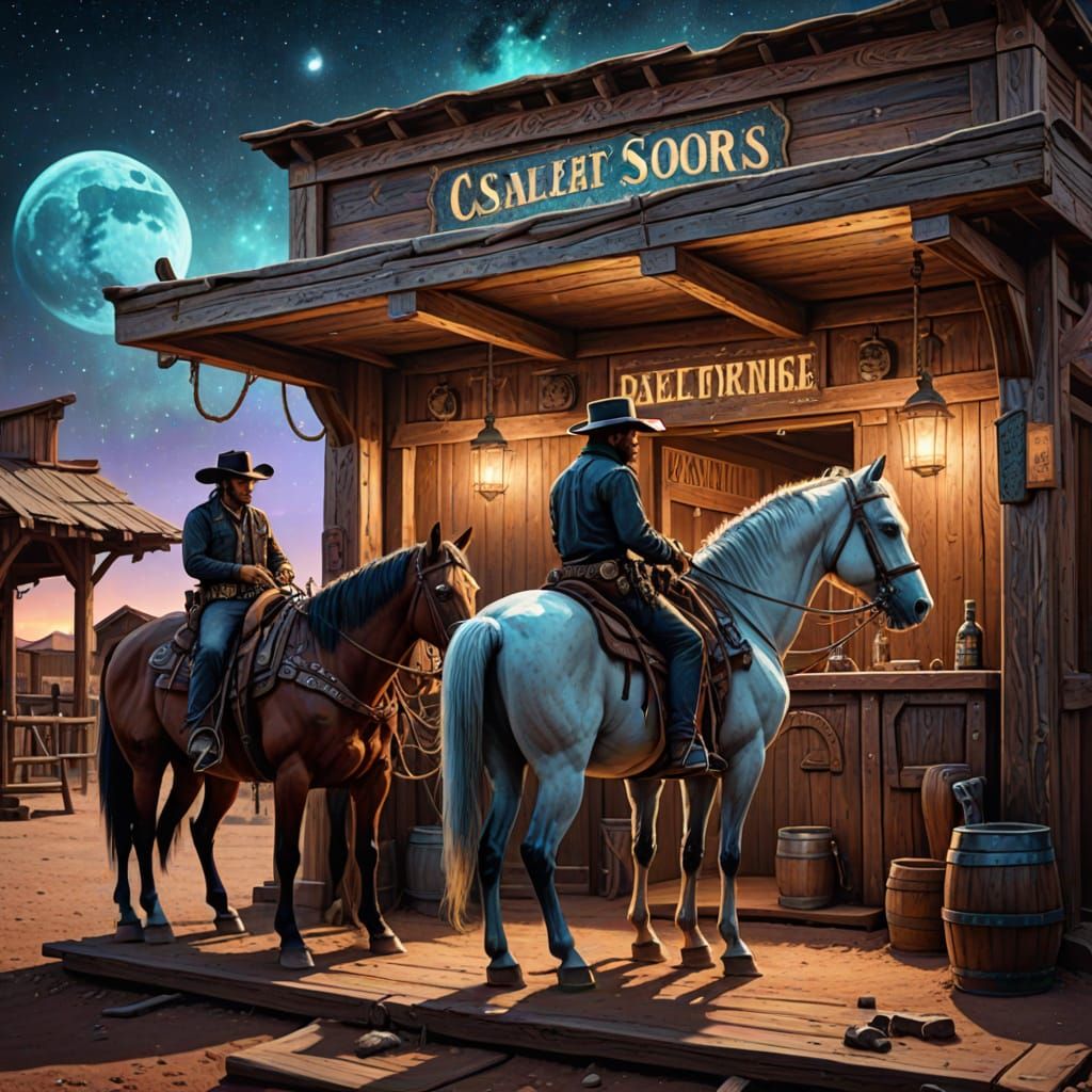 Old West Saloon with Cowboy, Mixed Media Illustration