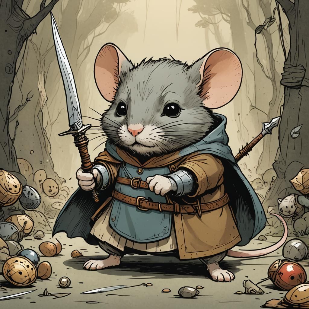 Mouse Warrior Confronts Cat in Comic Style
