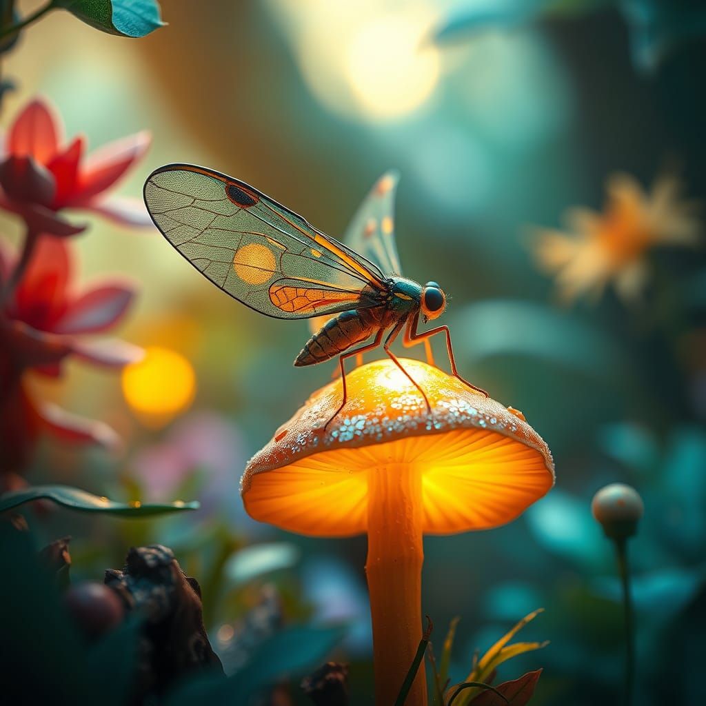 Firefly on Glowing Mushroom, Fantasy Concept Art
