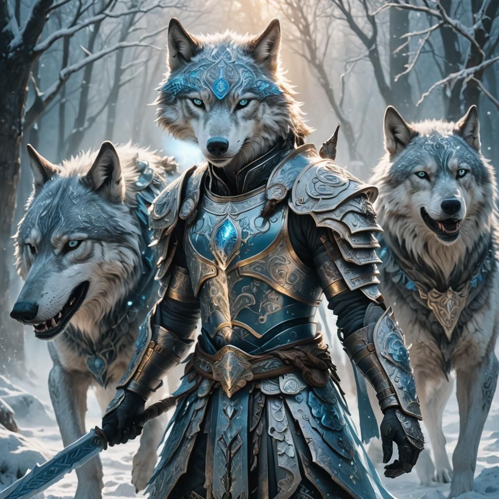 Wolves Photobomb Ice God Warrior in Fantasy Art