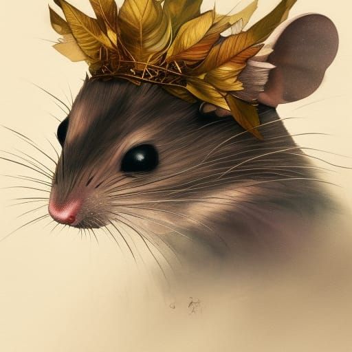 Mouse with Golden Eyes and Leaf Crown Portrait