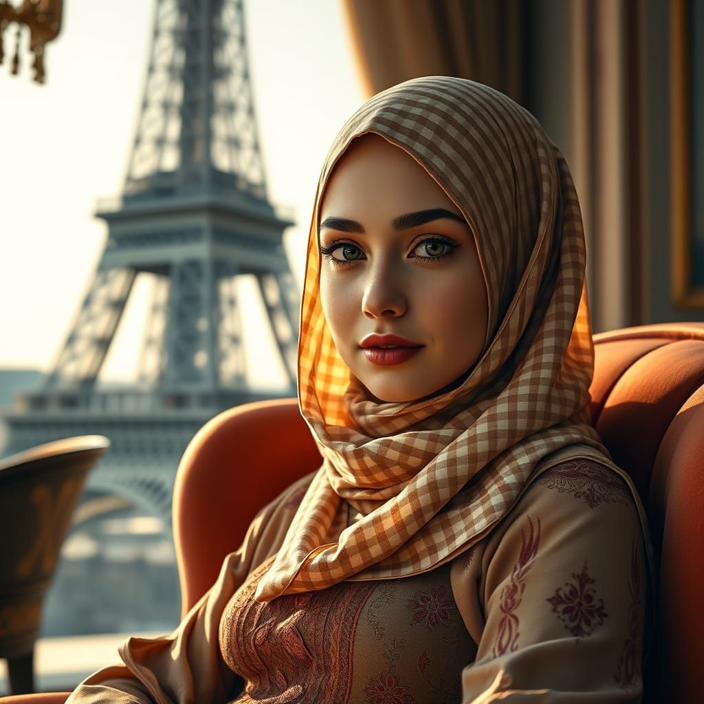 A beautiful young hijab woman enjoying her time at a cafe.