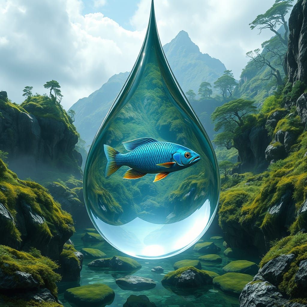 Cyberpunk-Style Fish in a Giant Teardrop