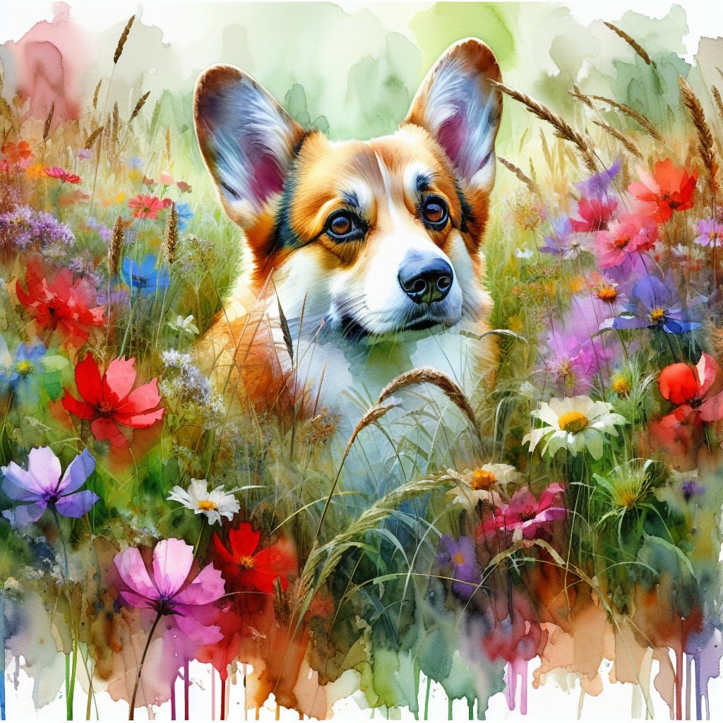 Watercolor Corgi in Wildflower Meadow Painting