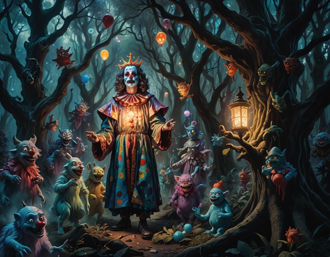 Djinn Jesus Clown in Mystical Forest, Surreal Oil Painting