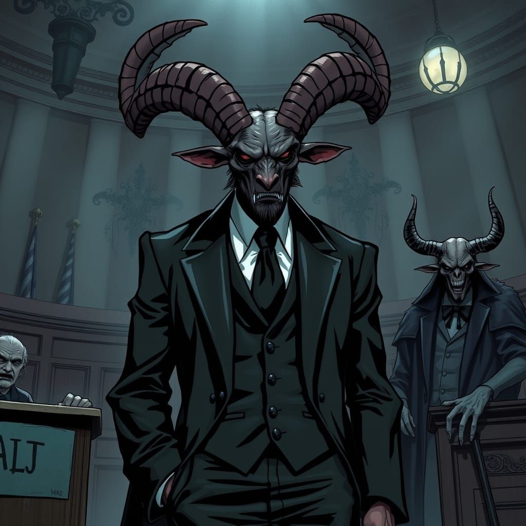 Lawyer Krampus in Underworld Courtroom: Dark Aesthetic