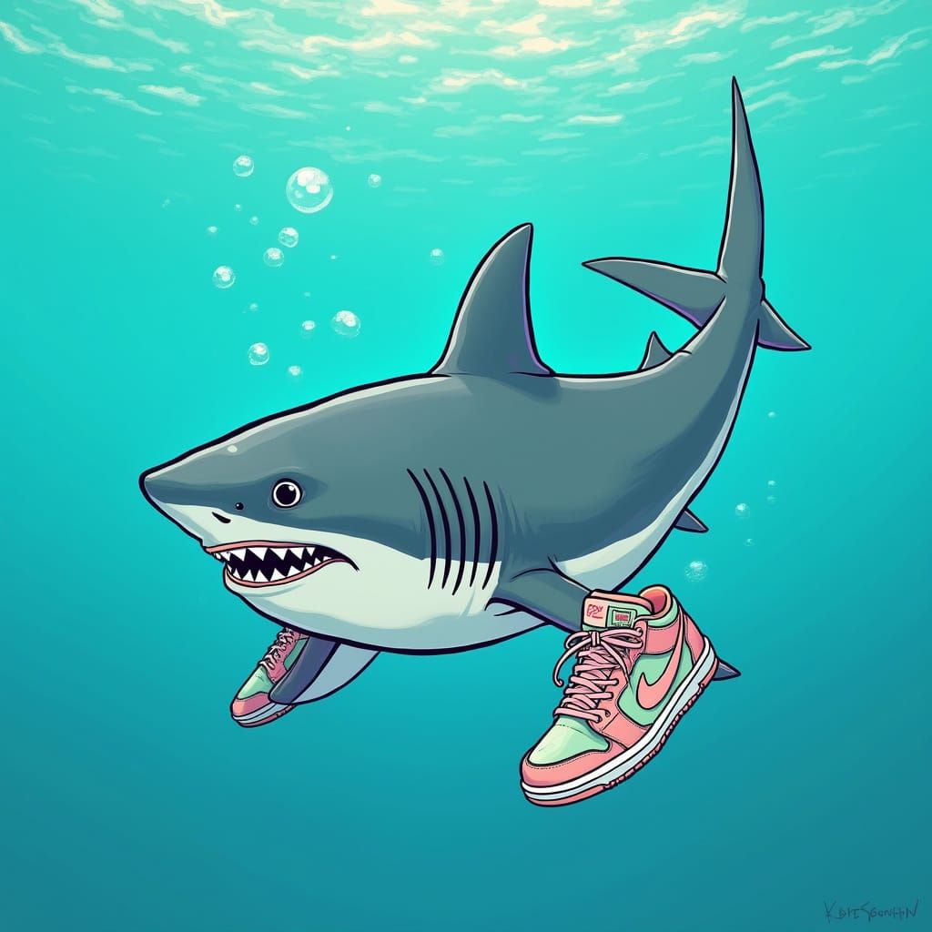 Futuristic Shark in Bold Colorful Nike Sneakers