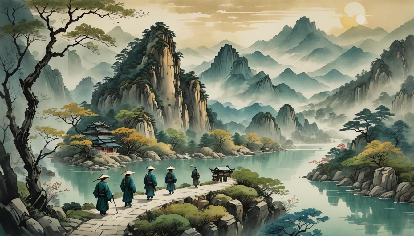 Confucian Scholars in Mountain Landscape, Ink Painting