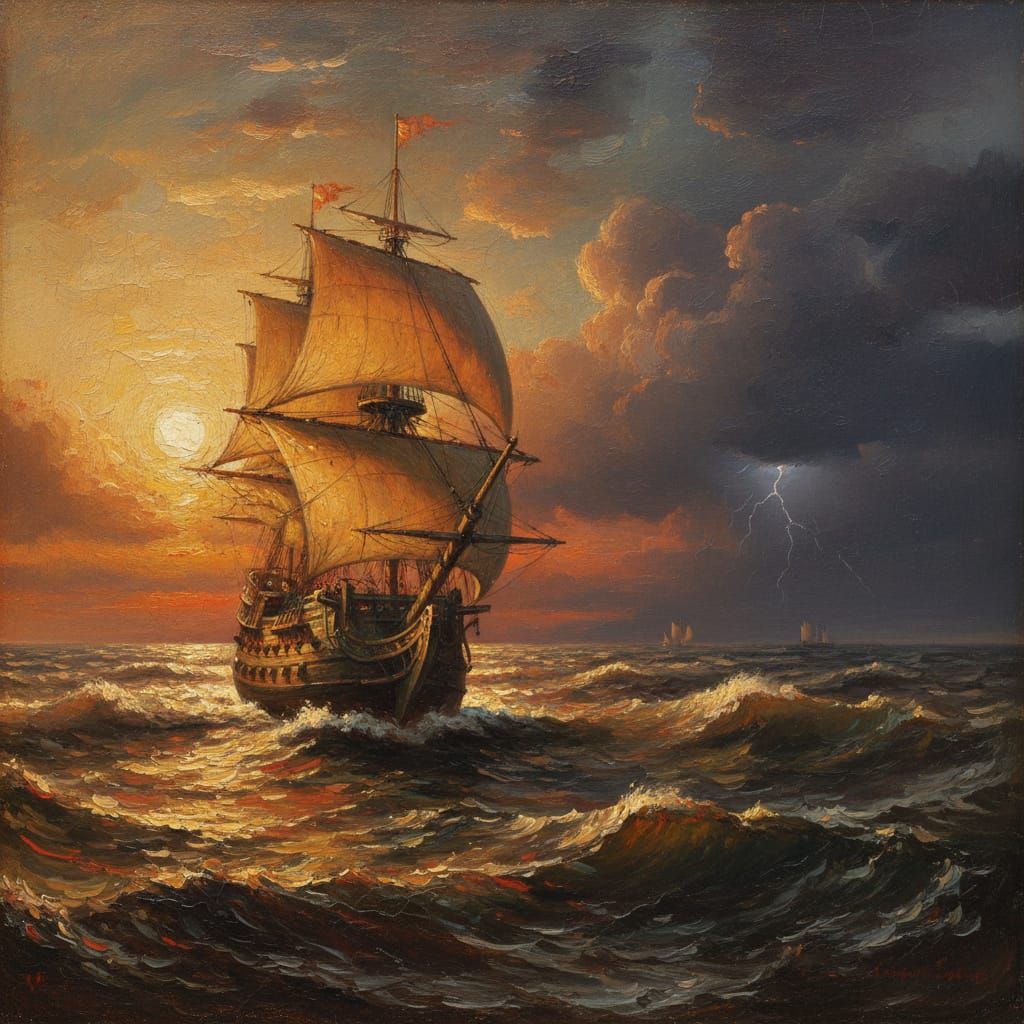 Dramatic Seascape Oil Painting at Sunset with Galleon Ship