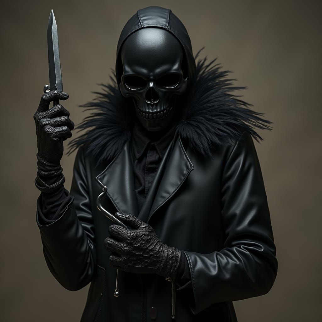 Dark Figure in Black Leather Trench Coat with Raven Feather ...