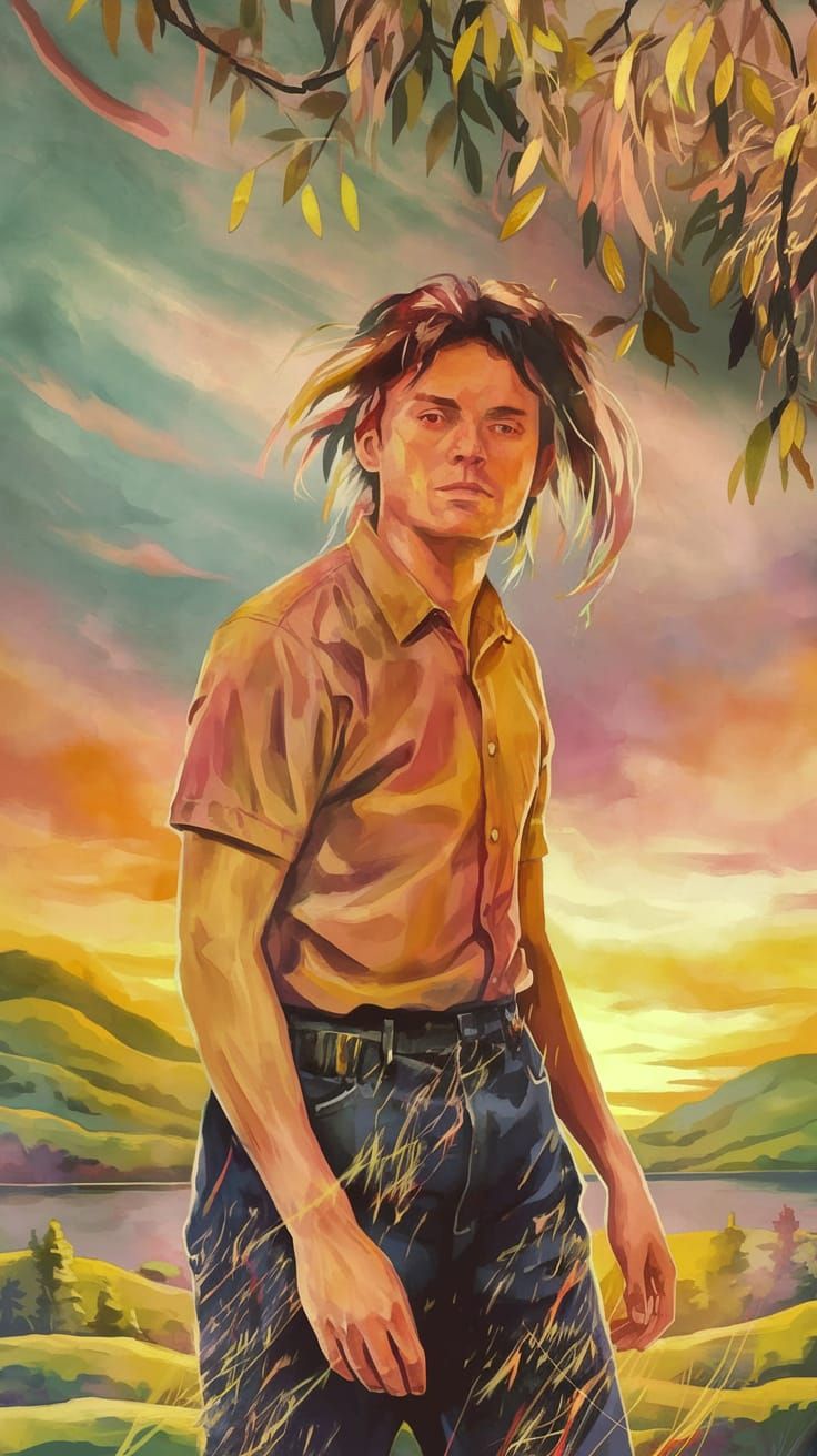 Surreal Watercolor Landscape of Rolling Hills and Serene Lak...