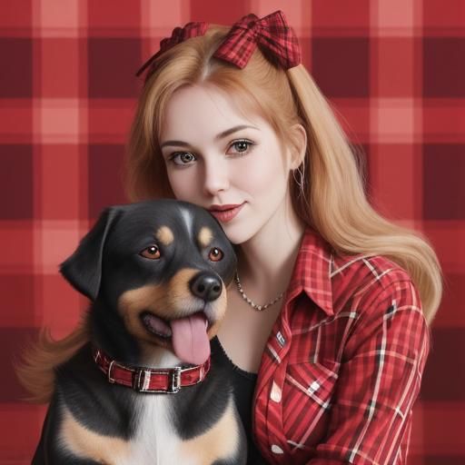 Woman Hosting a Plaid Party With Dog