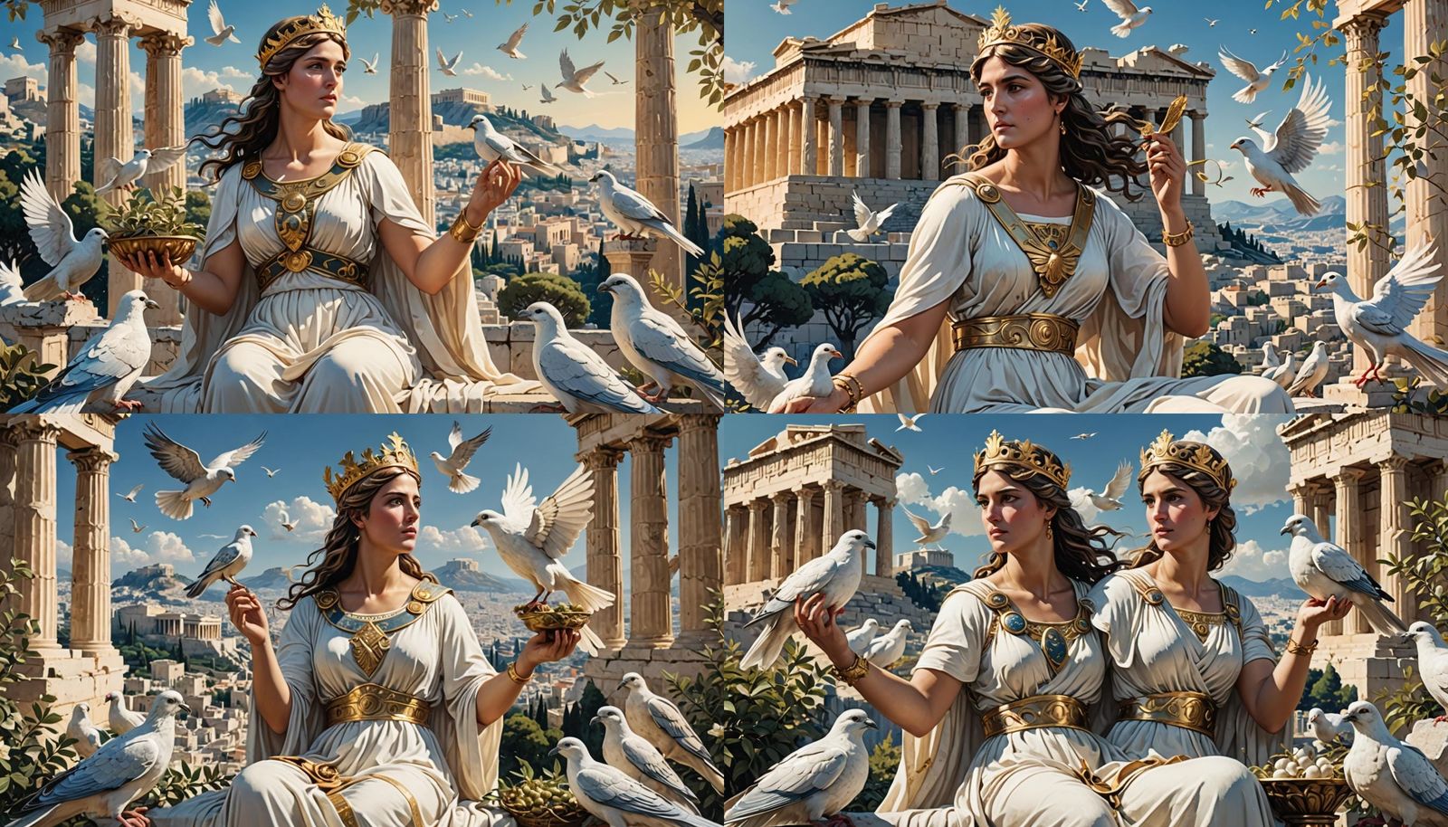 Athena Feeding Doves, Cinematic Ultra-Sharp Image