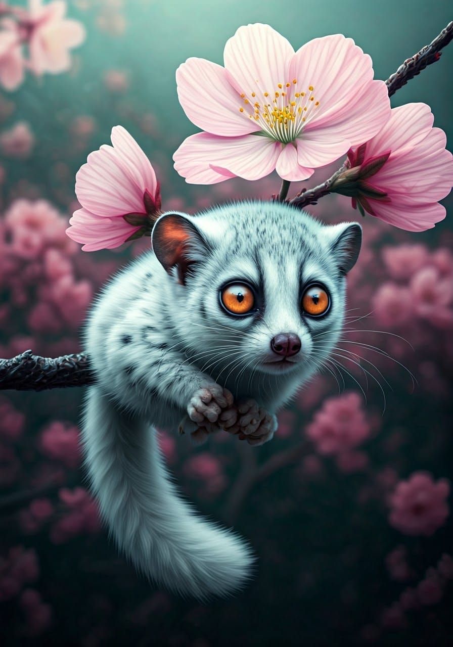 Snow Leopard in Cherry Blossoms, Fantasy Digital Art