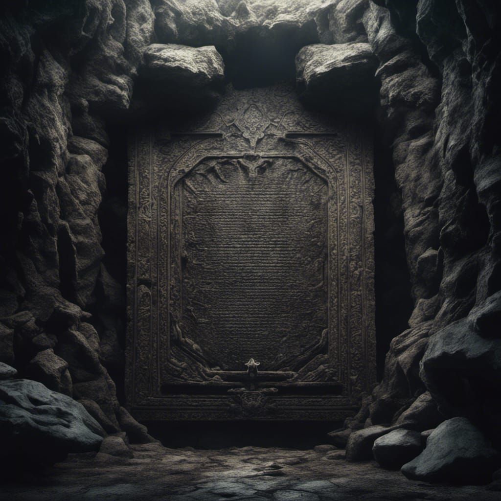 Biblical Stone Tablet in Dark Cave