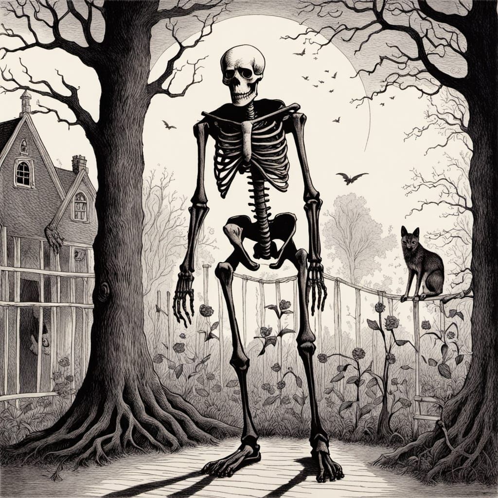 A long white-haired skeleton sitting in a rocking chair on a...