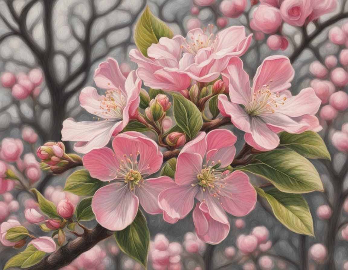Pink Apple Blossom in Colored Pencil Style