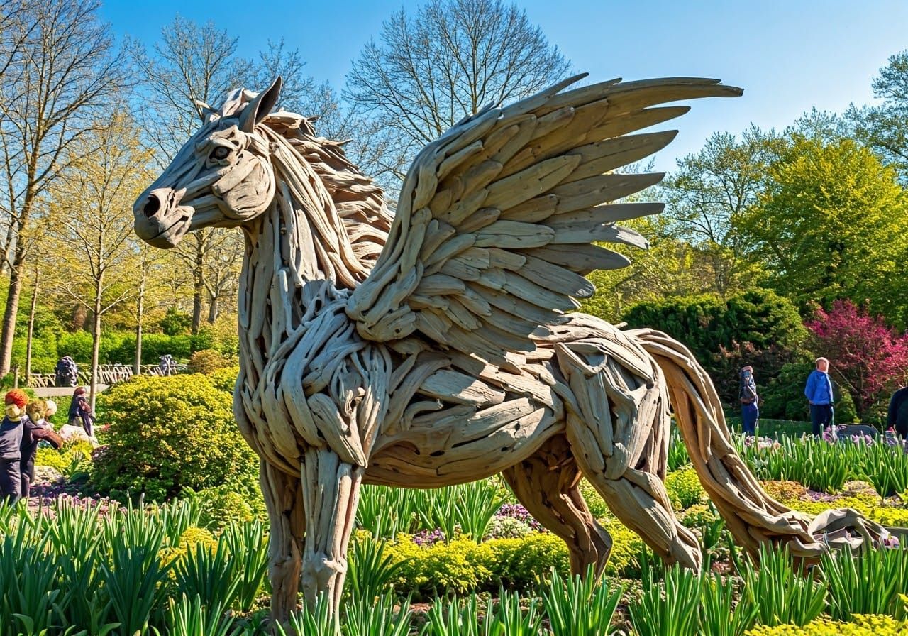 Majestic Driftwood Sculpture in Vibrant Public Garden