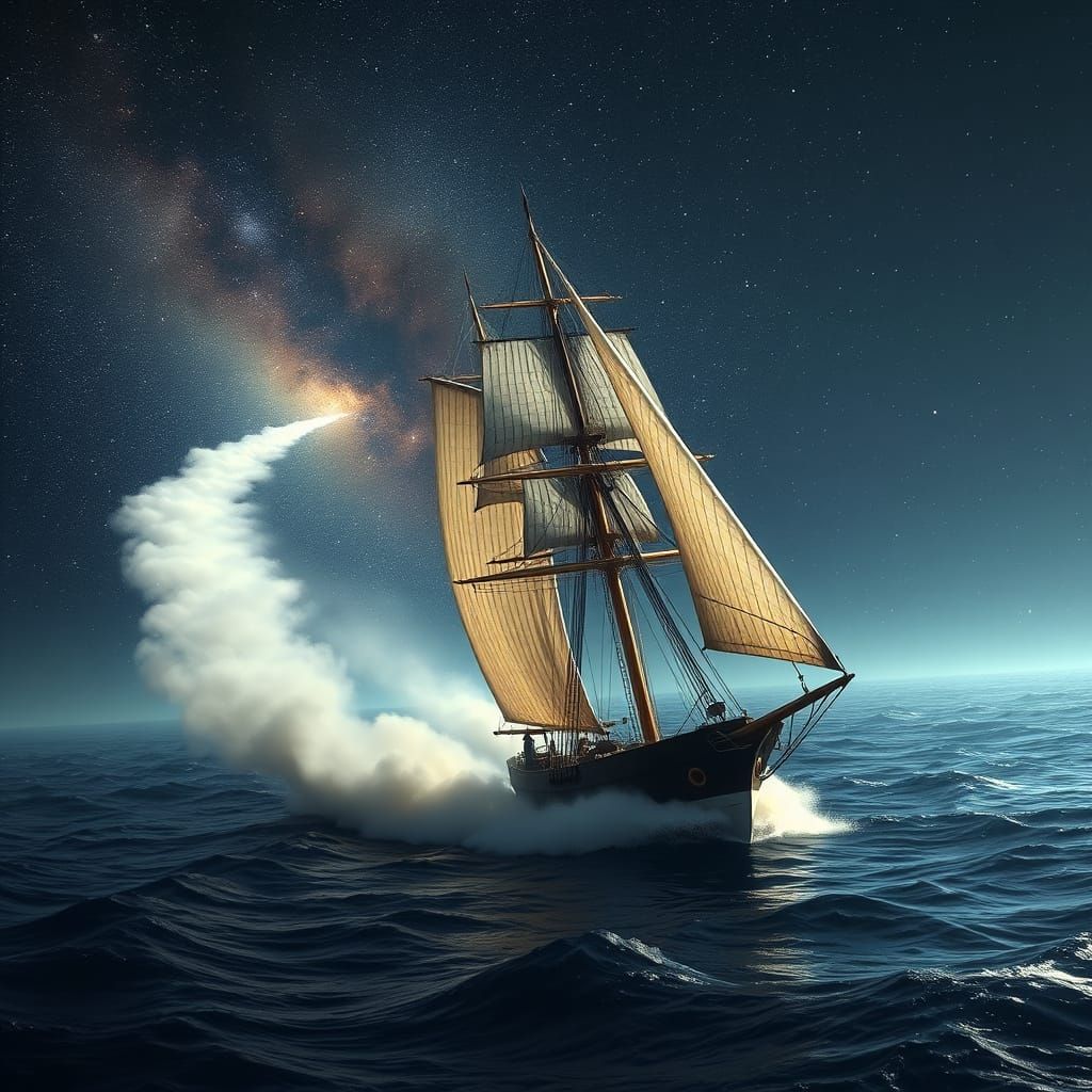 Victorian Sloop Navigates Starry Space Harbor